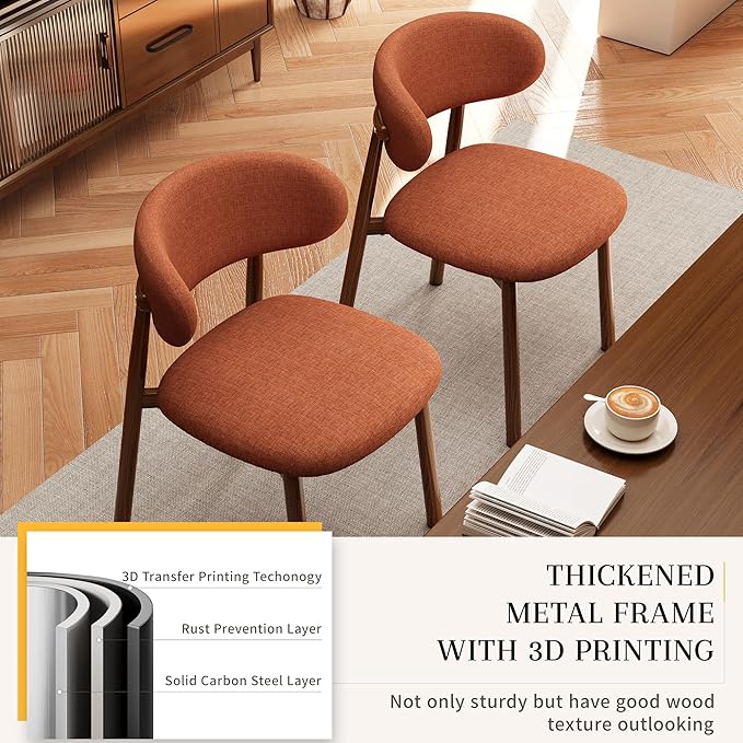 Kitchen Dining Chairs Set of 2 Modern Soft Linen Farmhouse Dining Room Chair with Metal Legs, Orange/Walnut