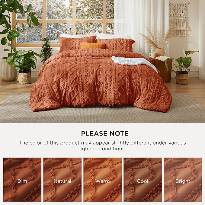 Bedsure Tufted Boho Comforter Set Full Size - Terracotta Boho Bed Set, GentleSoft™ 3 Pieces Farmhouse Shabby Chic Embroidery Bedding, Gifts for Woman, Soft Jacquard Full Comforter for All Seasons