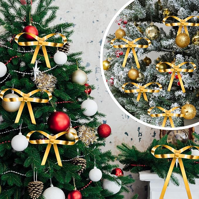 20 Pcs Christmas Metal Bow Ornaments with Clip, 5 x 6 Inch Christmas Bows Door Garland Decor Vintage Wreath Bow for Tree, Wreath, Gift Wrapping (20, Gold)