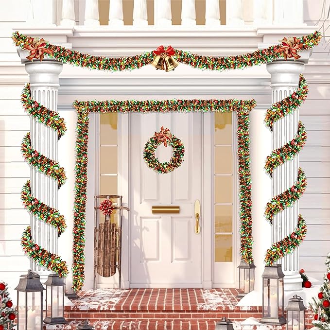 50 Feet Red Green Gold Metallic Twist Shiny Christmas Tinsel Garland for Tree, Mantle, Indoor/Outdoor Decor