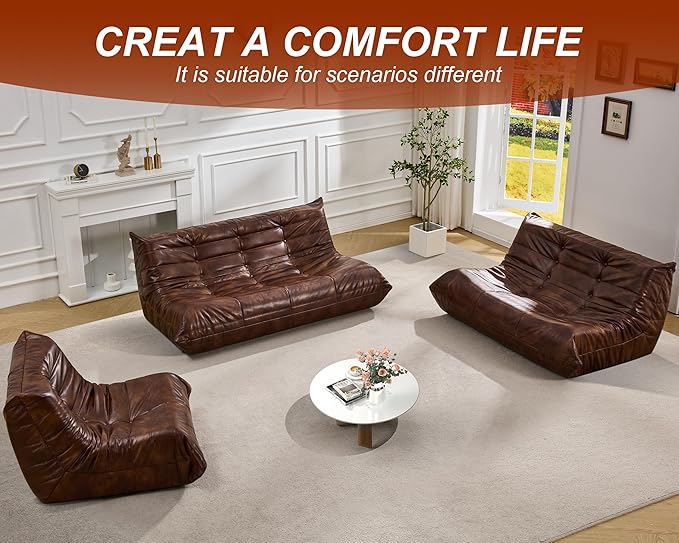 Hobestluk Bean Bag Chair Giant Bean Bag Sofa 3 Seater Bean Bag Chairs for Adults, Loveseat Floor Chair, Leather Bean Bag Chairs for Living Room Bedroom Office (Brown, 3-Seater)