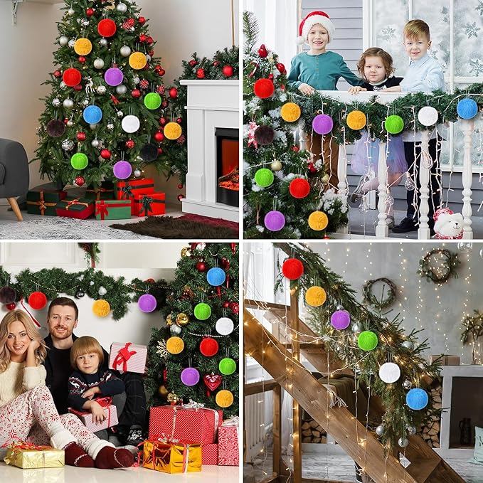 12Pcs Furry Christmas Ball Ornament for Xmas Tree Brown Soft Faux Fur Pom Pom Ball Ornaments Christmas Tree Hanging Decorations for Winter Party Home Decor Costume Supplies