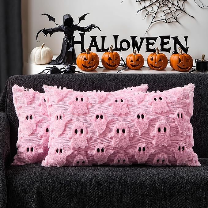 DFXSZ Halloween Pillow Covers 12x20 inch Set of 2 Pink Ghost Throw Pillow Cases Soft Plush Faux Fur Wool Cushion Case for Chair Bedroom Living Room Home Decor PTK03B12