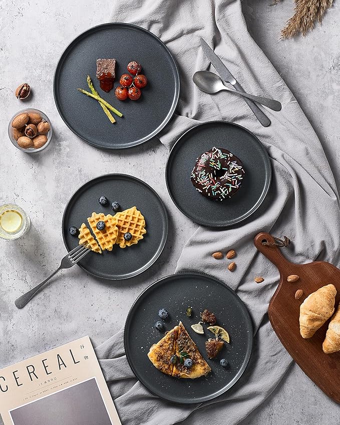 Famiware Star Dinner Plates for 6, 10 inches Plate Set, Scratch Resistant, Stoneware Dinnerware, Kitchen Modern Rustic Serving Dishes, Matte Dark Charcoal (Full Glaze)
