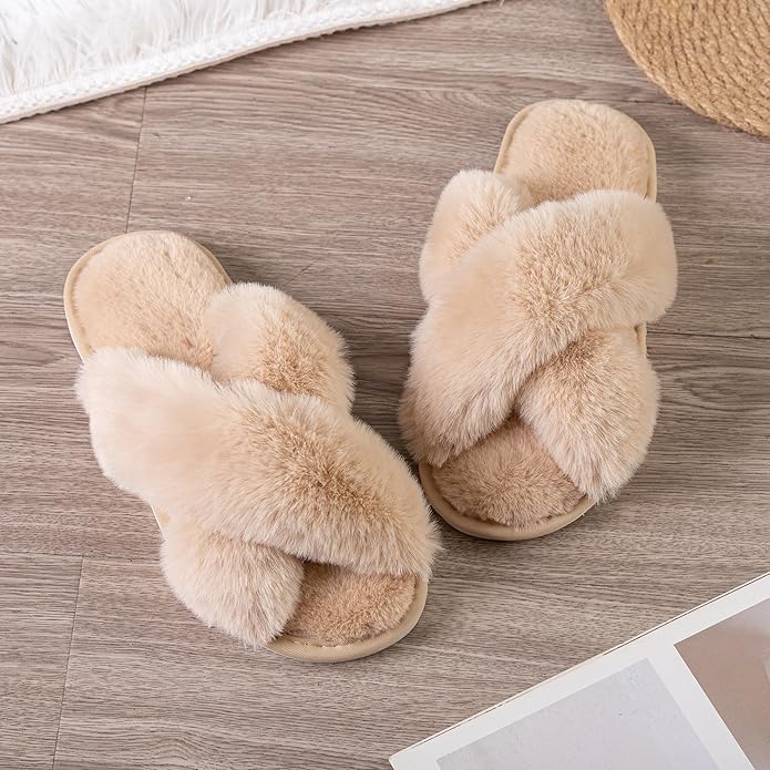 Women's Slipper Memory Foam Cross Band Fuzzy Slippers Open Toe Cozy House Slippers Cozy Plush Bedroom Indoor Outdoor