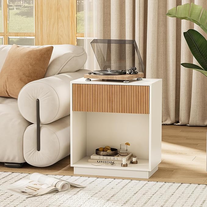 Fluted Nightstands Set of 2, Modern Bedside Table with Drawer and Storage Shelf, Wood End Table Mid Century Night Stands for Bedroom Living Room Office (White+Oak)