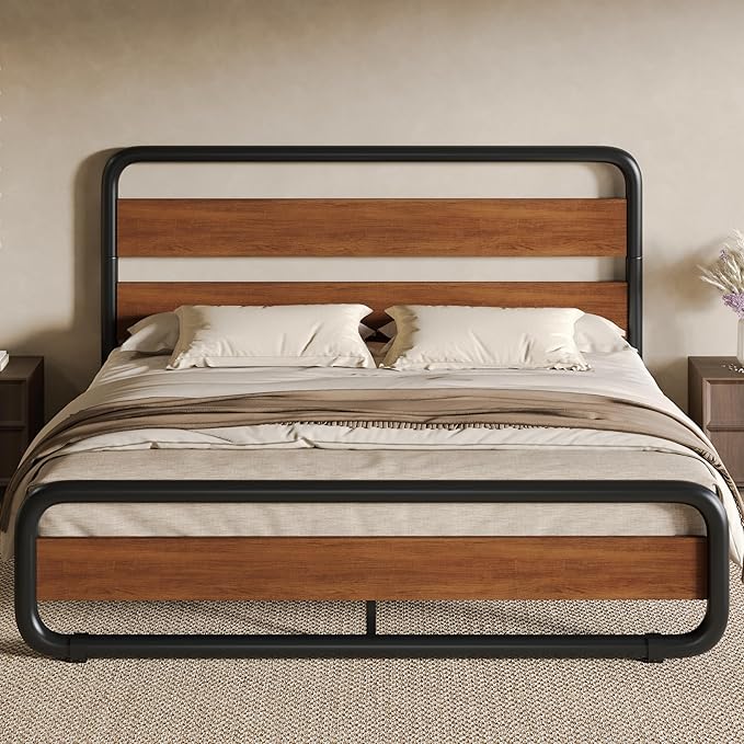 SHA CERLIN Full Size Metal Bed Frame with Wooden Headboard and Footboard, Heavy Duty Platform Frame with Under-Bed Storage, Noise Free, No Box Spring Needed, Vintage Walnut