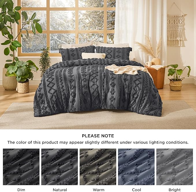 Bedsure Tufted Boho Comforter Set Queen Size - Dark Grey Boho Bed Set, GentleSoft™ 3 Pieces Farmhouse Shabby Chic Embroidery Bedding, Gifts for Woman, Soft Jacquard Queen Comforter for All Seasons