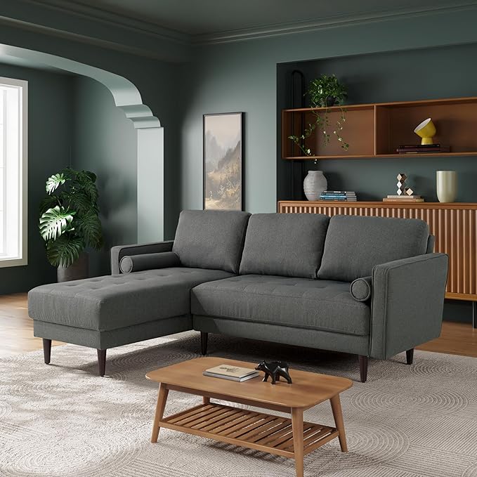 Studio Living® Lexington 83.1" Sofa Chaise, Mid-Century Modern, Pocket Coil Comfort, Reversable Chaise, Easy Assembly, Woven Fabric, Heather Grey