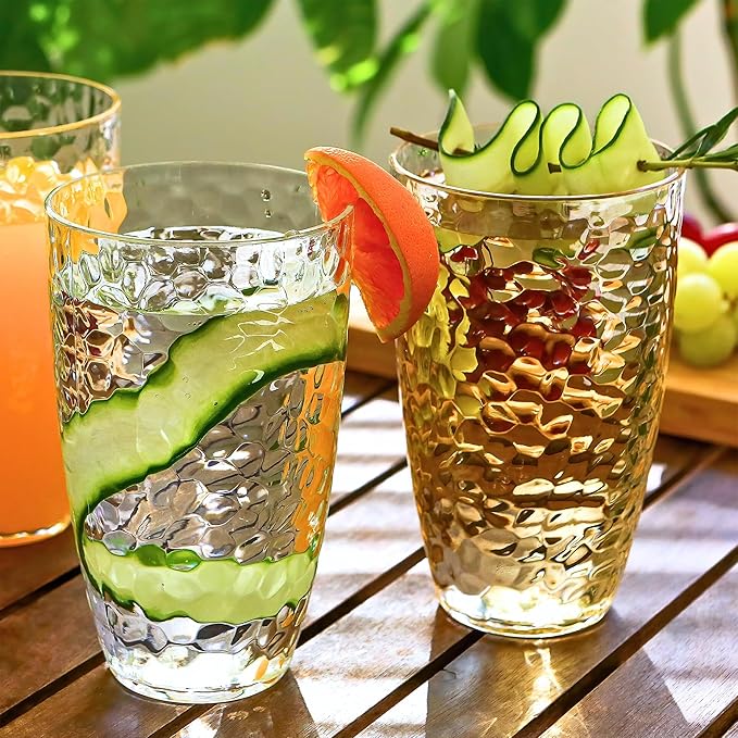 Kate Aspen Clear Hammered Acrylic Cups - Plastic Drinking Glasses Set of 8, 23 oz, Plastic Tumblers Dishwasher Safe, Shatterproof Cups Reusable for Water, Lemonade, Cocktails