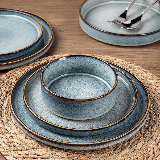 GBHOME Ceramic Dinnerware Sets With Double Bowl for 4, 16 Pieces Stoneware Plates and Bowls Set, Reactive Glaze Dishes -Scratch Resistant, Dishwasher&Microwave Safe