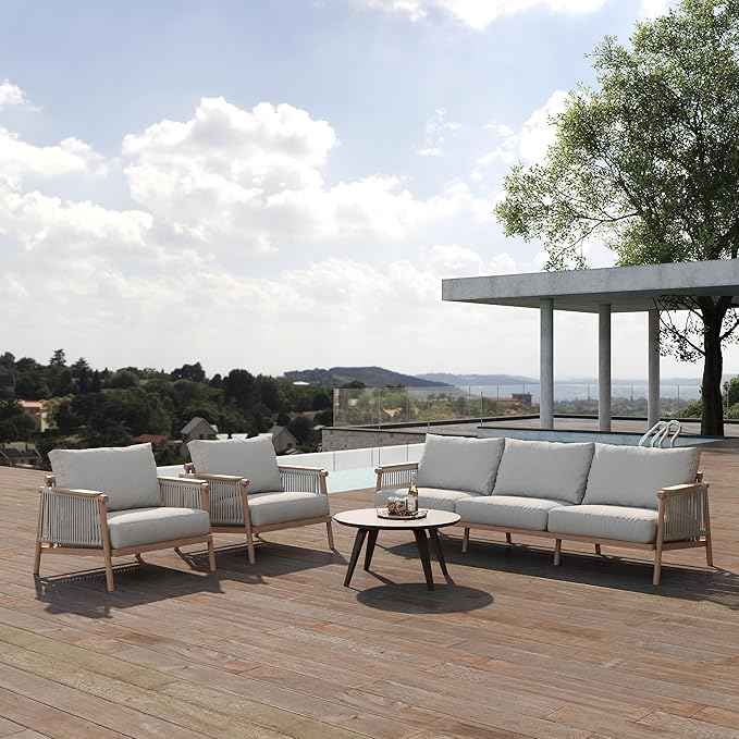 Acanva Modern All-Weather Aluminum Outdoor Sofa with Thick Cushions, Olefin Fabric Sunroom Backyard Furniture, 3 Piece Set (Couch & 2 Chairs)