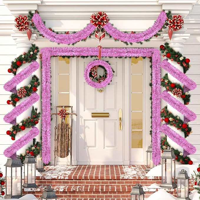 50 Ft Christmas Tinsel Garland Pink Thick Tinsel Garland Xmas Tree Decorations Metallic Tinsel Twist Garland for Christmas, Birthday, Party Decor Indoor Outdoor Party Supplies