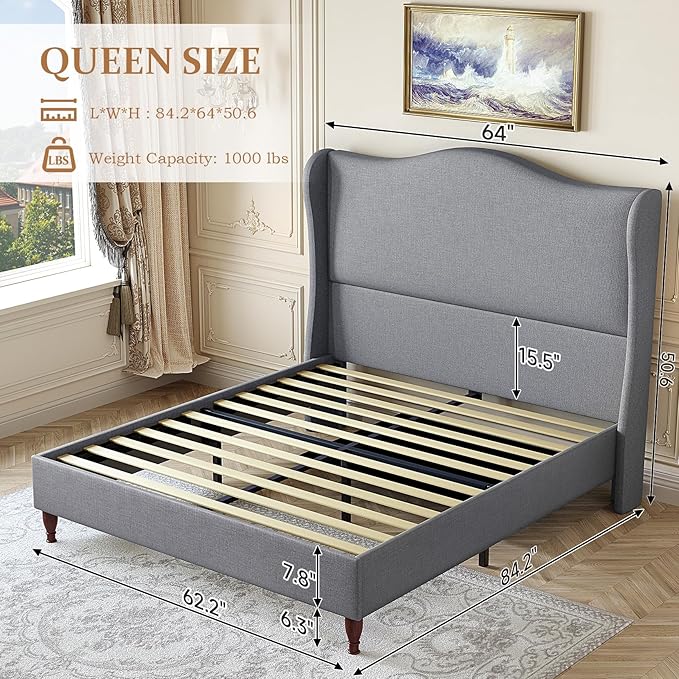 Queen Bed Frame Upholstered Platform Bed with 51" Tall Headboard Wingback, Soft Fabric, Retro Simple Style No Box Spring Needed, Easy Assembly, Grey