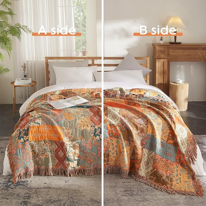 Boho Throw Blanket 100% Cotton Woven Ultra Soft 4-Layer Muslin Quilt Farmhouse Bed Blanket Cover 60"x80", Patchwork Floral