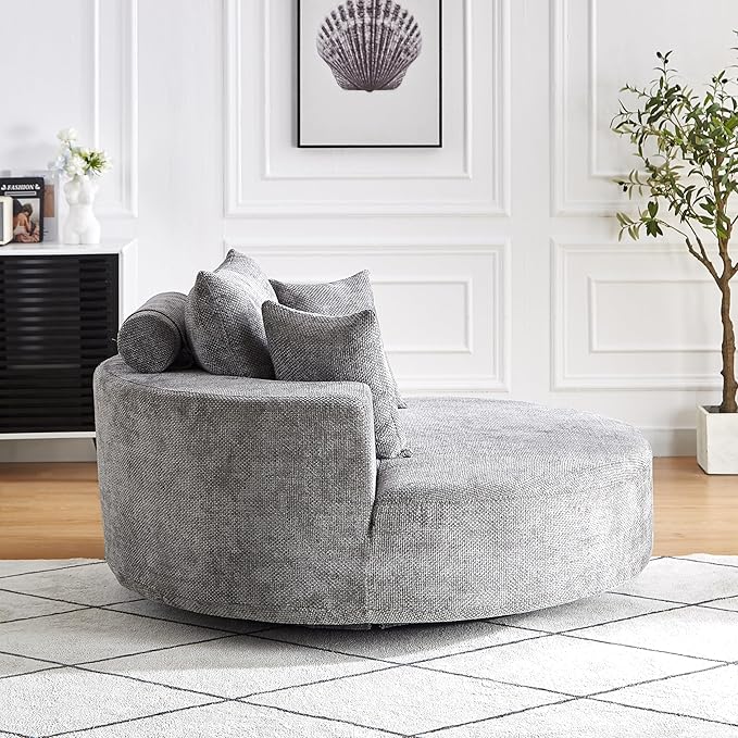 KEIKI 55" Oversized Swivel Accent Chair, Large Barrel Chairs Upholstered Round Swivel Chair, Chenille Single Sofa Armchair, Sleeper Chair for Living Room, Lounge, Grey