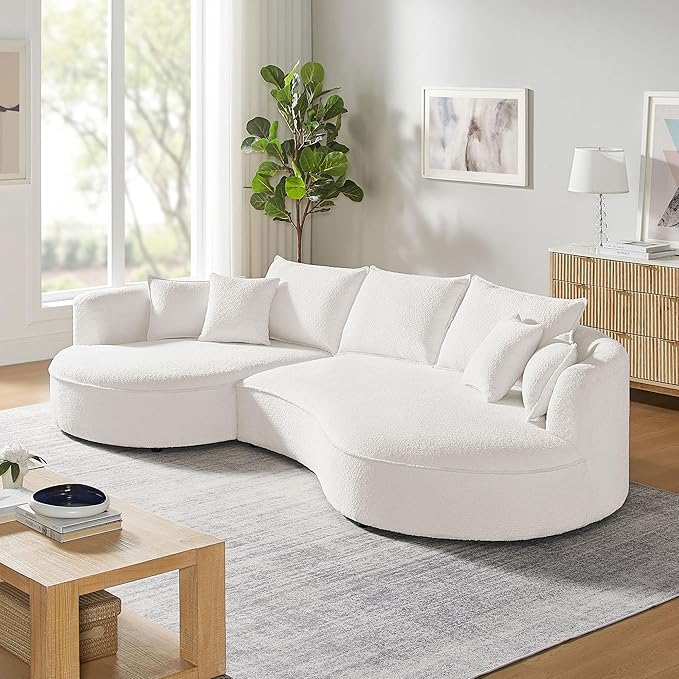 128'' Modern Curved Cloud Sofa Luxury Living Room 5 Seater Combo Sofa Cloud Curve Design Mid Century Upholstered Sofa with Ottoman for Living Room Bedroom Apartment (Boucle+Right Facing, White)