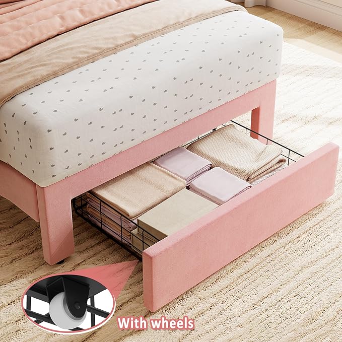 GarveeHome Twin Bed Frame with Under-Bed Drawer, Upholstered Platform Bed with Wave Headboard for Kids/Girls, Wooden Slats Support, No Box Spring Needed, Velvet Pink