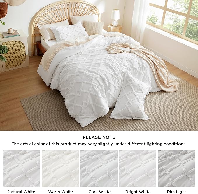 Bedsure Boho Comforter Set Queen - White Tufted Queen Size Comforter, 3 Pieces Farmhouse Shabby Chic Embroidery Bed Set, Soft Fluffy Geometric Pattern Bedding for All Seasons