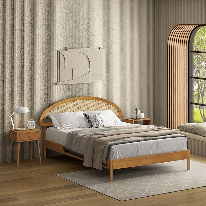 NTC Gem Wooden Bed Frame with Headboard and Natural Rattan, Solid Oak/Rubber Wood Foundation with Silent Slats, 1000 Lb Capacity, Effortless Assembly (Natural Cane - Rustic Oak, Queen)