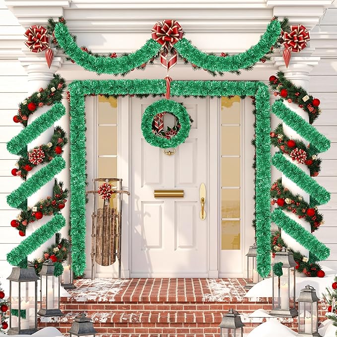 50 Ft Christmas Tinsel Garland Green Thick Tinsel Garland Xmas Tree Decorations Metallic Tinsel Twist Garland for Christmas, Birthday, Party Decor Indoor Outdoor Party Supplies