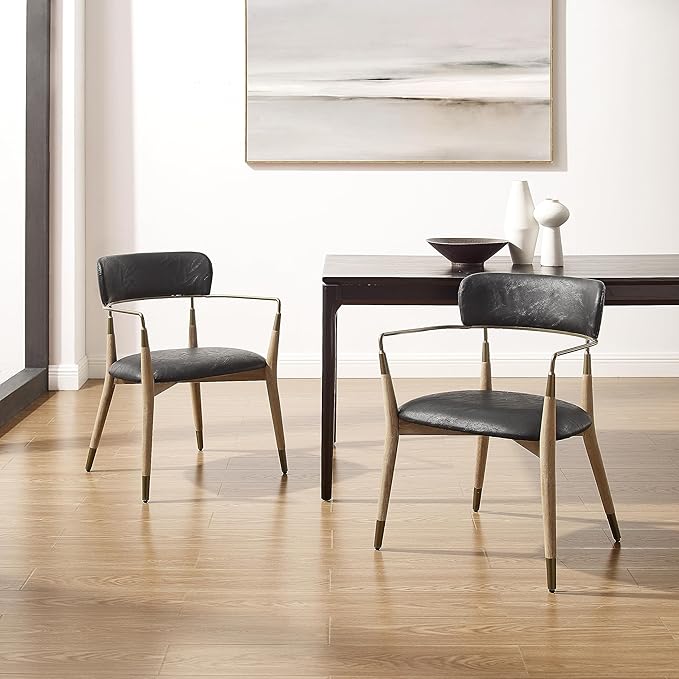 Art Leon Dining Chairs Set of 4 - Mid Century Modern Dining Room Chairs, Faux Leather Upholstered with Open Backrest, Wishbone Chair with Wood Legs, Black, CC084