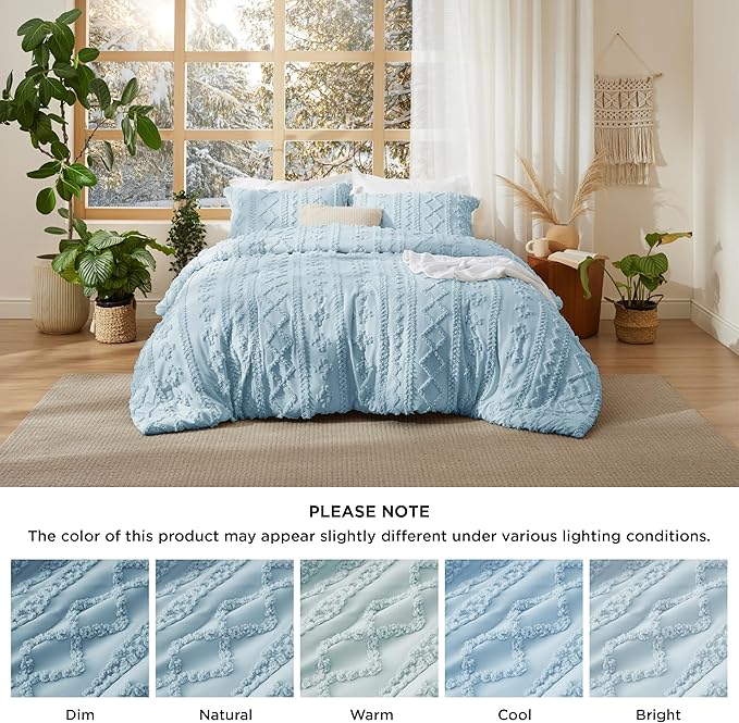 Bedsure Tufted Boho Comforter Set King Size - Dusty Blue Boho Bed Set, GentleSoft™ 3 Pieces Farmhouse Shabby Chic Embroidery Bedding, Gifts for Woman, Soft Jacquard King Comforter for All Seasons