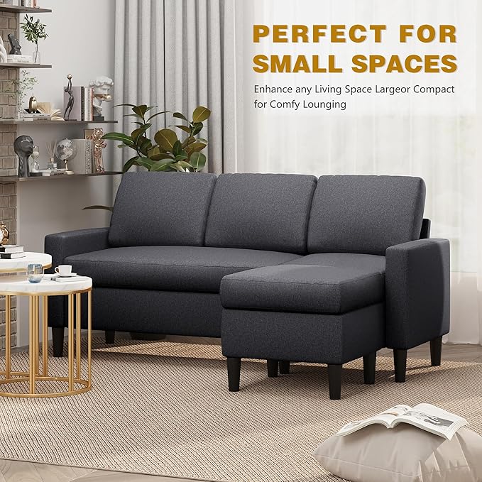 Shintenchi Convertible Sectional Sofa 3 Seat L Shaped Sofa with Movable Ottoman Linen, Black