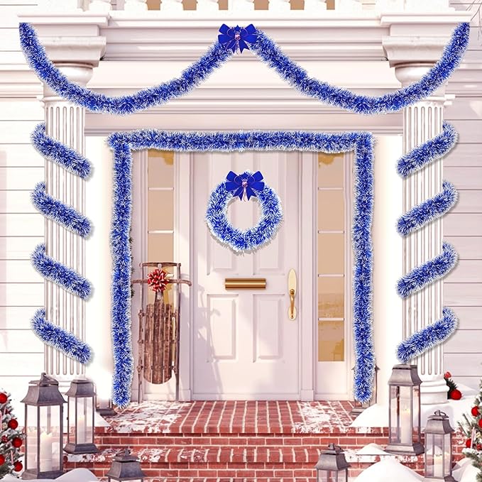 33FT Blue Tinsel Christmas Garland Metallic Twist Shiny Garland for Christmas Tree Decorations, Xmas Holiday Hanging Garland for Home Indoor Outdoor Party Supplies Decor (Blue, White)