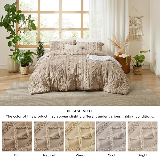 Bedsure Tufted Boho Comforter Set Full Size - Khaki Boho Bed Set, GentleSoft™ 3 Pieces Farmhouse Shabby Chic Embroidery Bedding, Gifts for Woman, Soft Jacquard Full Comforter for All Seasons