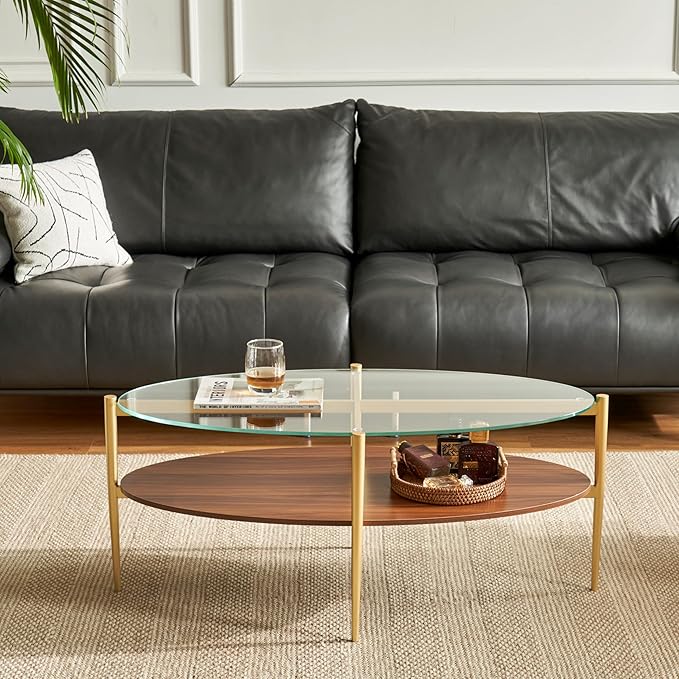 Saint Mossi Olive Glass Coffee Table for Living Room, Mid Century Modern Center Table, Surfboard Clear Glass & Coffee Brown MDF Bottom Shelf with Rounded Corners, L41xW21xH17, Gold Table Legs