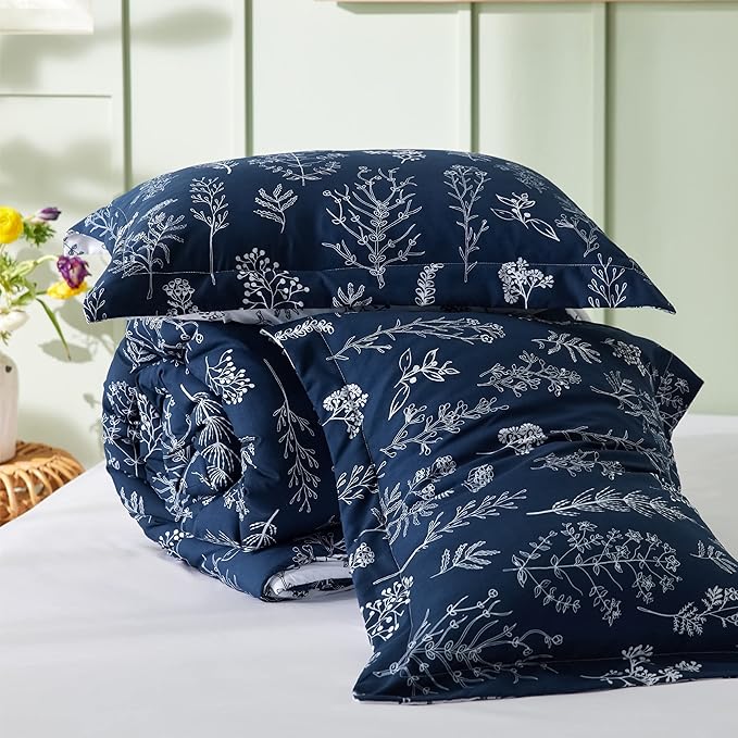 Bedsure Queen Comforter Set - Navy Bed Set, 3 Pieces Cute Floral Bedding, 1 Soft Reversible Botanical Flowers Comforter and 2 Pillow Shams