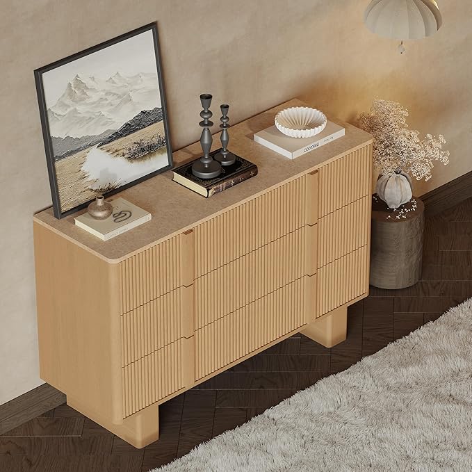 Fluted Dresser for Bedroom with 6 Drawers,47" Wide Modern Chest of Drawers with Wooden Handle, Wooden Dresser TV Stand, Wood Closet Clothes Storage Organizer for Living Room, Hallway, Light Oak