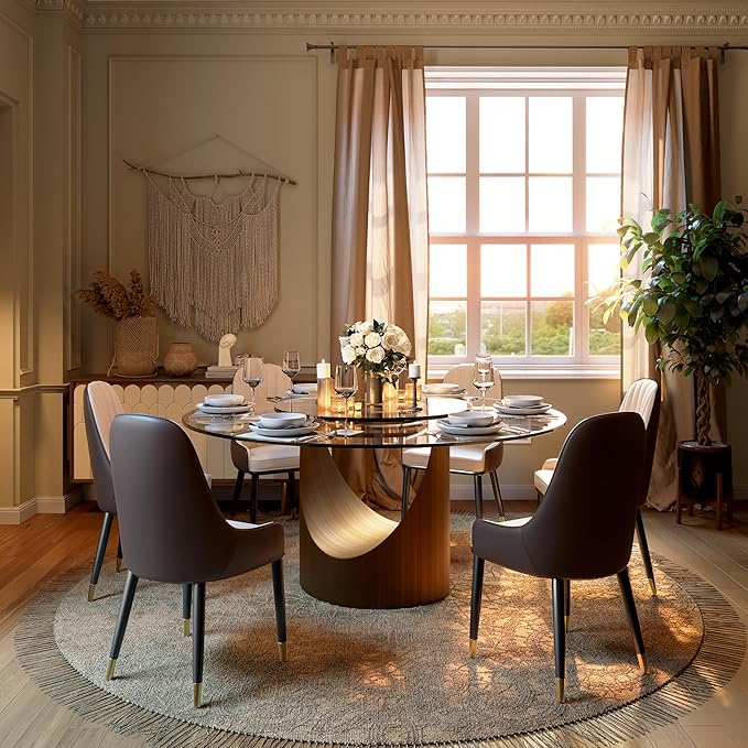 POVISON 59" Round Dining Table for 4-6 with 31" Lasy Susan, Glass Tabletop Dining Table with Bronze Carbon Steel Pedestal, Modern Dining Room Table for Kitchen, Living Room (Table Only)