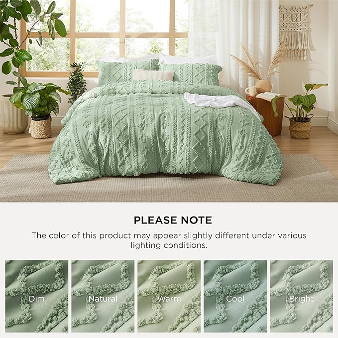 Bedsure Tufted Boho Comforter Set Full Size - Sage Green Boho Bed Set, GentleSoft™ 3 Pieces Farmhouse Shabby Chic Embroidery Bedding, Gifts for Woman, Soft Jacquard Full Comforter for All Seasons