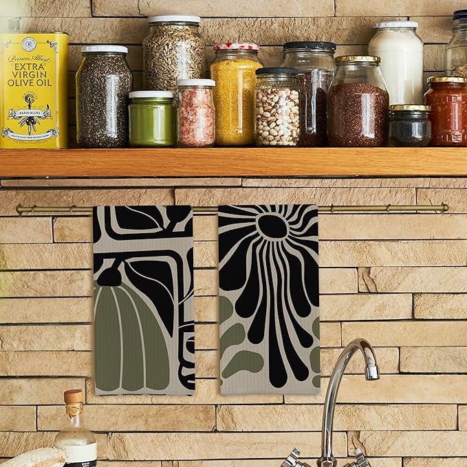 Sage Green Groovy 70s Retro Kitchen Towels Set of 2 Boho Floral Dish Towels Boho Hand Towels Boho Bathroom Decor 16x24