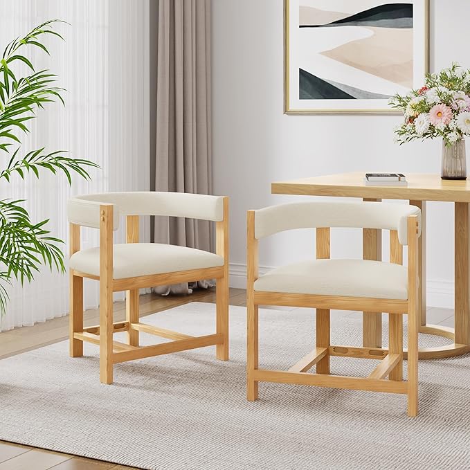 Christopher Knight Home Set of 2 Arley Modern Fabric Upholstered Dining Sturdy Wooden Kitchen Side Chair with Ergonomic Backrest and Footrest, Soft Padded Barrel, Beige+Natural