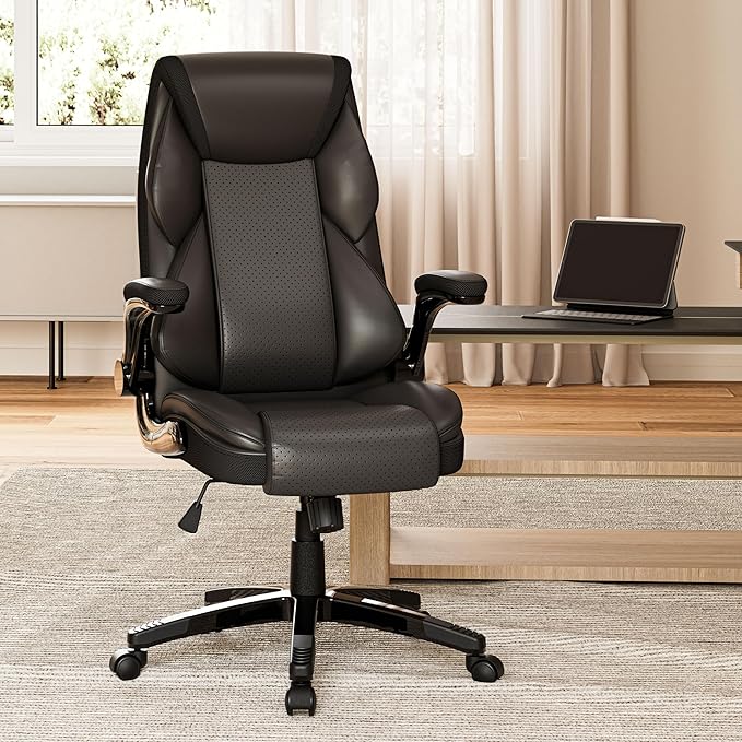 EUREKA ERGONOMIC PU Leather Desk Chair Office Executive Chair, Ergonomic Office Chair Flip Up Arms, High Back Office Chair with Headrest, Home Office Chair with Wheels, Computer Chairs for Adults