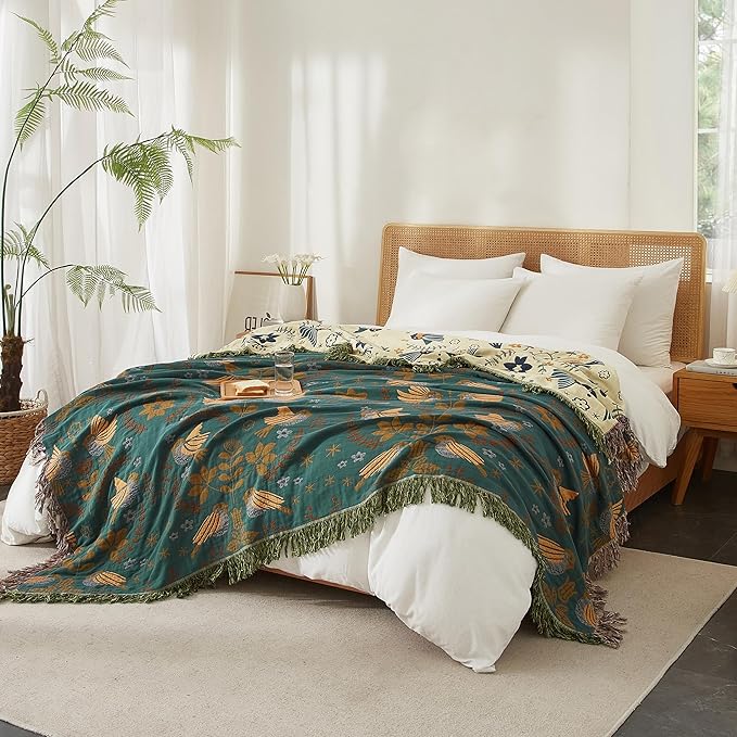 Boho Throw Blanket 100% Cotton Woven Ultra Soft 4-Layer Muslin Quilt Farmhouse Bed Blanket Cover 90"x98", Bird Floral