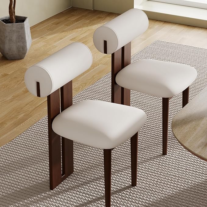 2PCS Modern Dining Chairs – White PU Leather Upholstered Dining Room Chair, Mid Century Kitchen Side Chairs with Brown Solid Wood Legs – No Assembly Required