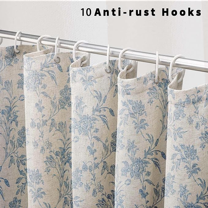 Blue Shower Curtain Floral Cotton Linen Cottagecore Shower Curtain for Bathroom 72" L x 60" W