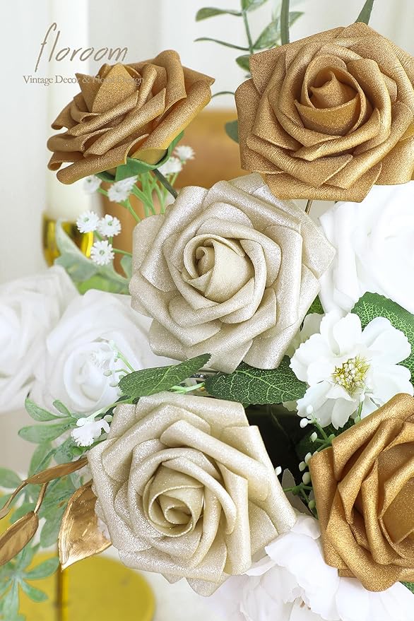 Floroom Artificial Flowers 25pcs Real Looking Gold & Champagne Gold Foam Fake Roses with Stems for DIY Wedding Bouquets Bridal Shower Centerpieces Floral Arrangements Party Tables Home Decorations