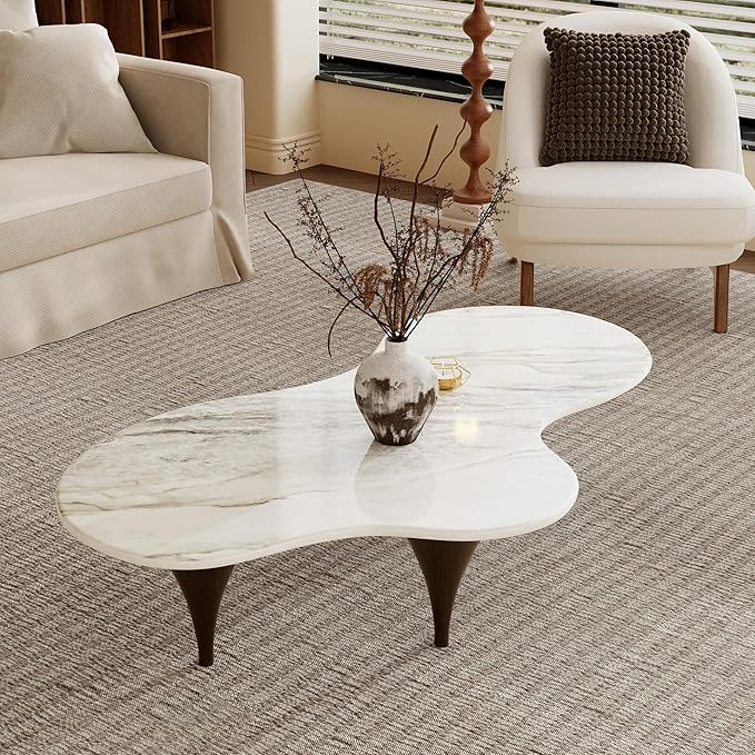 54.7" Irregular Modern Coffee Table Unique Wave-Shaped Design, Sintered Stone Living Room Table with Wood-Like Texture Metal Legs, Easy Assembly Cloud Tea Table for Living Room, Bedroom
