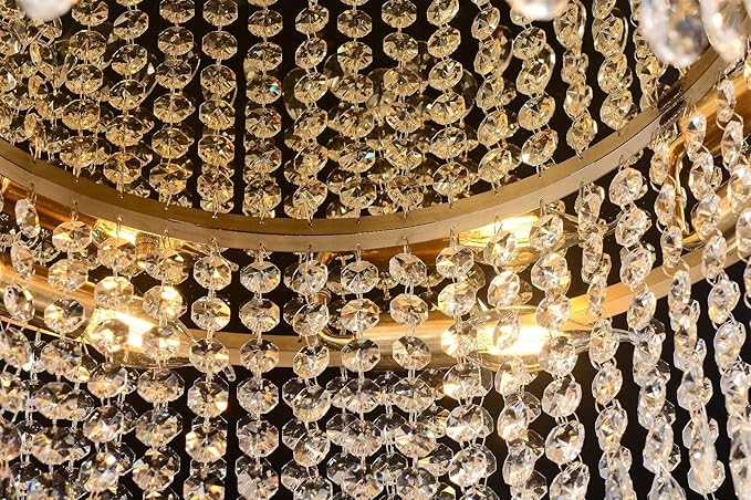 Modern Crystal Chandelier 24 inch Large Gold Chandeliers Ceiling Light Round Raindrop Chandeliers Flush Mount Lighting Fixture for Living Room Dining Room Bedroom