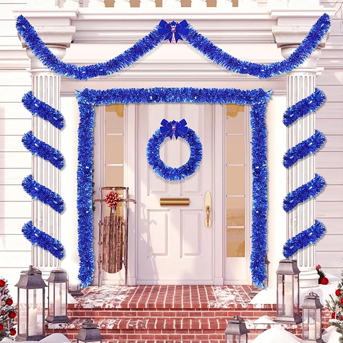 33FT Bule Tinsel Christmas Garland Metallic Twist Shiny Garland for Christmas Tree Decorations, Xmas Holiday Hanging Garland for Home Table Indoor Outdoor Party Supplies Holiday Decor