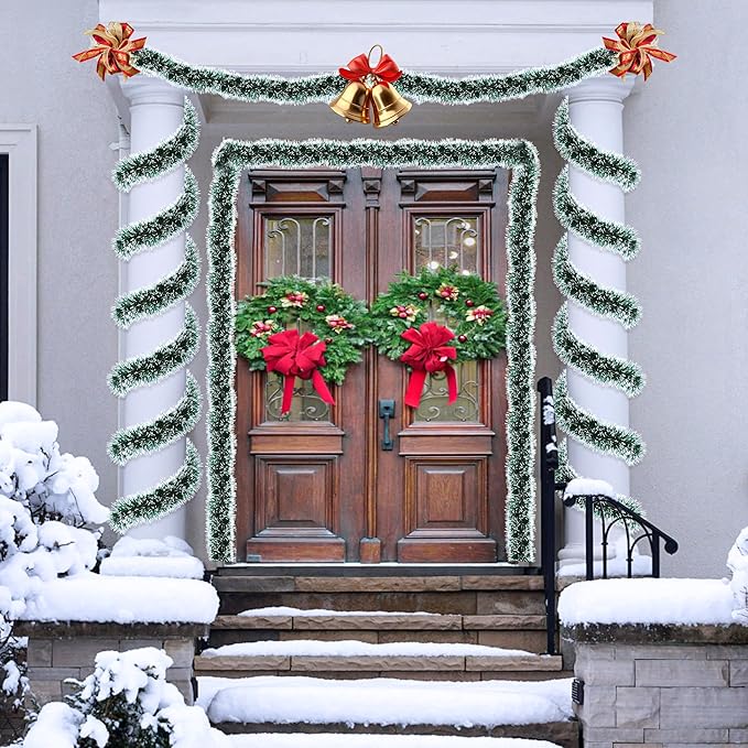 50 Feet Green Christmas Tinsel Garland Christmas Decorations for Xmas Tree Decor Metallic Twist Shiny Hanging Garlands for Tree Mantel Stairs Fireplace Home Indoor Outdoor Holiday Decor Party Supplies