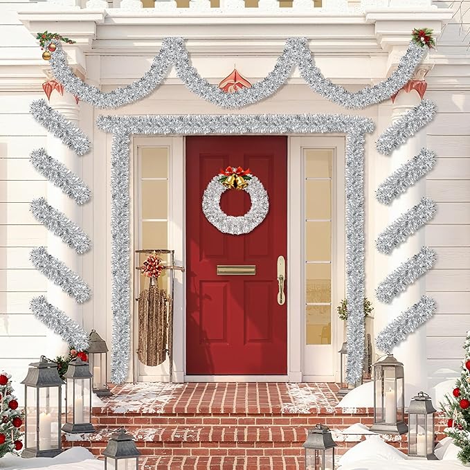 50 FT Silver Christmas Tinsel Garland Christmas Decorations for Xmas Tree Decor, Shiny Metallic Twist Hanging Tinsel Garlands for Stairs Mantle Fireplace Home Indoor Outdoor Holiday Party Supplies