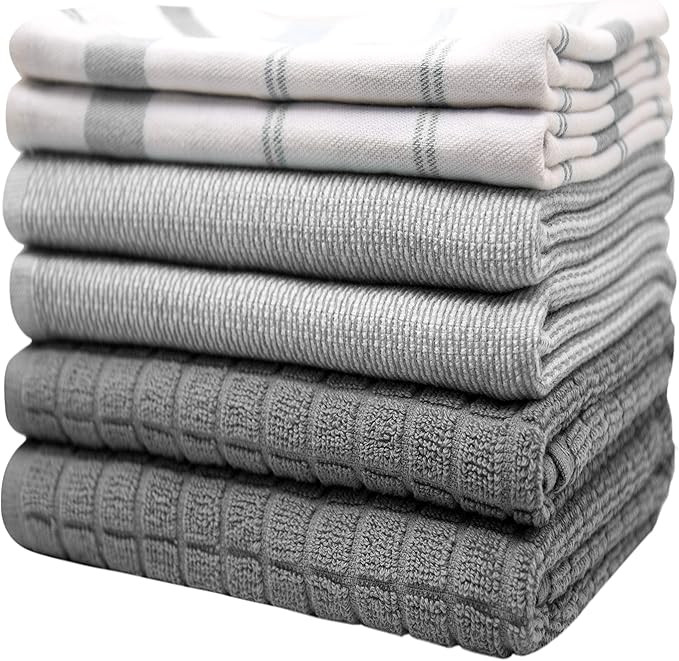 Premium Kitchen Dish Towels Set of 6 Large Cotton Hand Towels Absorbent Tea Towels, Grey Check