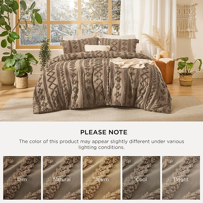 Bedsure Tufted Boho Comforter Set King Size - Light Brown Boho Bed Set, GentleSoft™ 3 Pieces Farmhouse Shabby Chic Embroidery Bedding, Gifts for Woman, Jacquard King Comforter for All Seasons