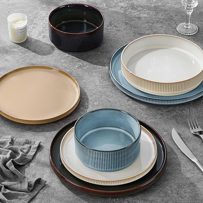 LIANYU Dinnerware Stoneware Sets with Pasta Bowls, 16 Piece Plates and Bowls Set for 4, Ribbed Dishes Set for Home, Microwave and Dishwasher Safe, Four-color
